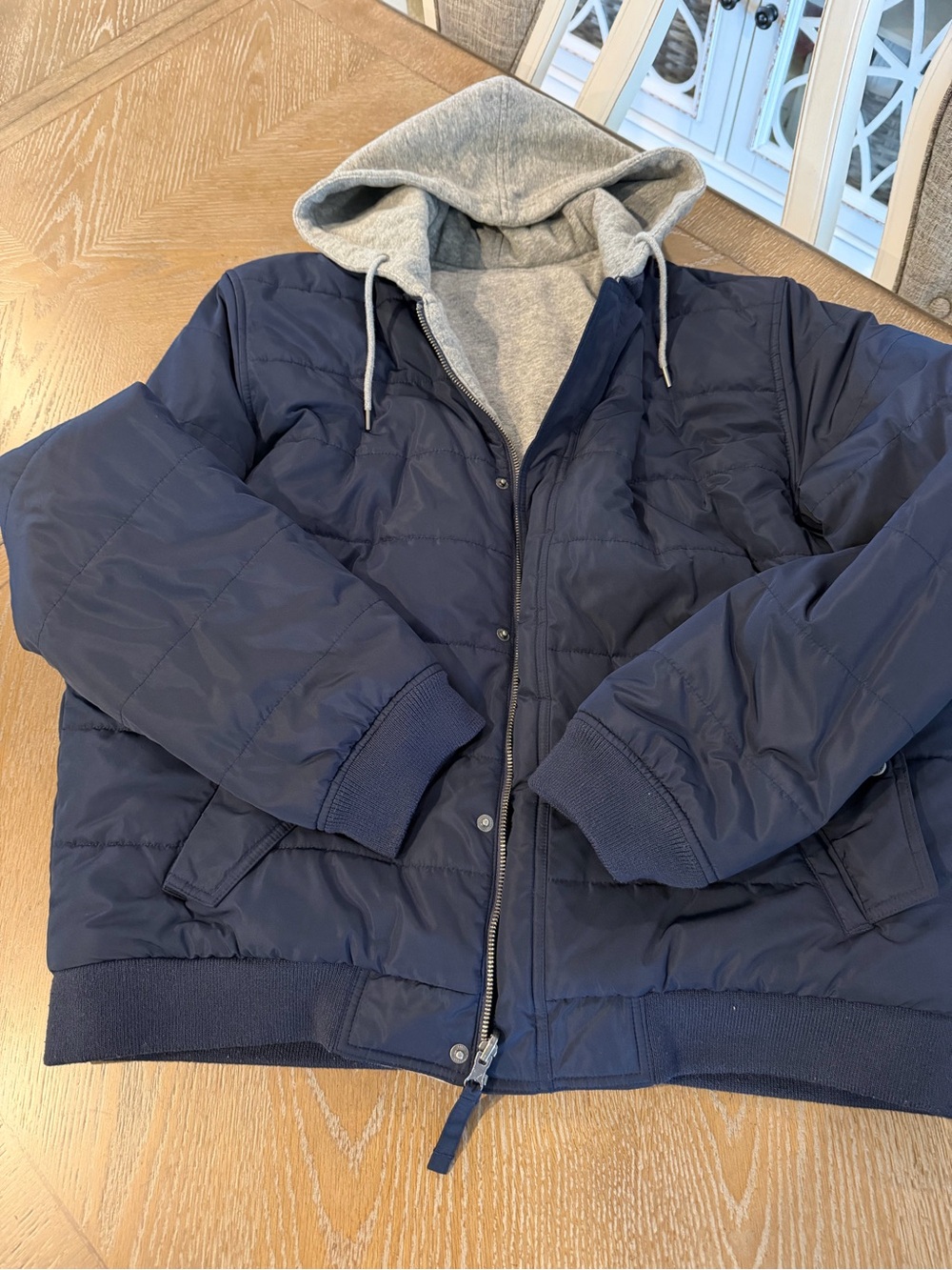 American Eagle Reversible Hooded Bomber Jacket XL Navy Blue with Gray Hood